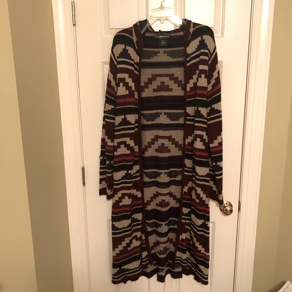 Long Aztec print Sweater Duster with Hood